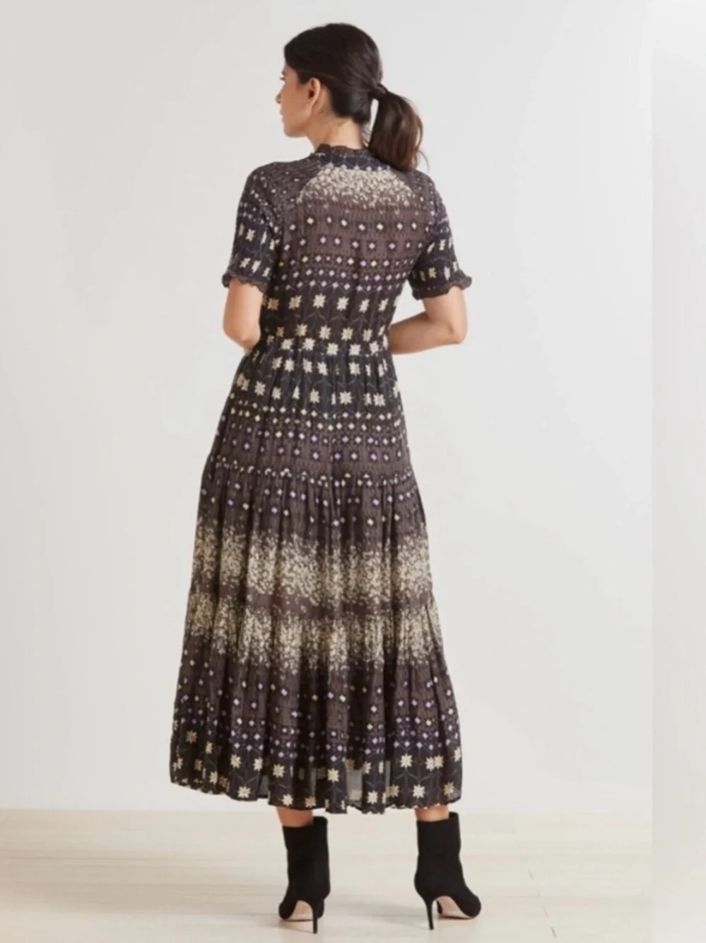Free People Rare Feelings Midi Dress Cocoa Combo Dress Black Cottagecore Boho M